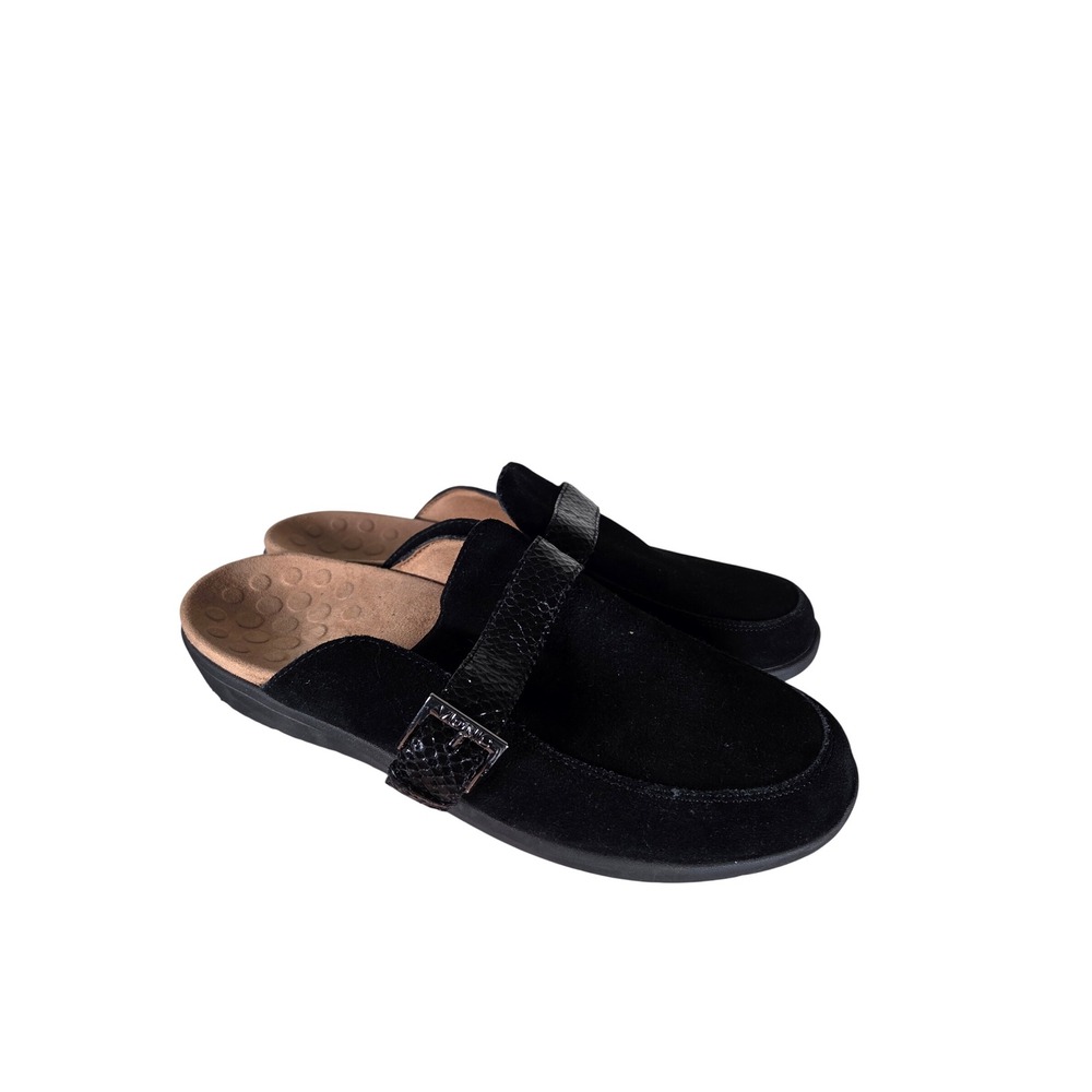 Vionic Darla Suede Mules Womens 10 Black Buckle Snake Strap Slip On Comfort Clog